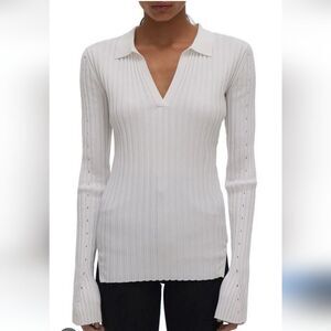HELMUT LANG White Knit Slash Long Sleeve Polo In Plaster Size Small